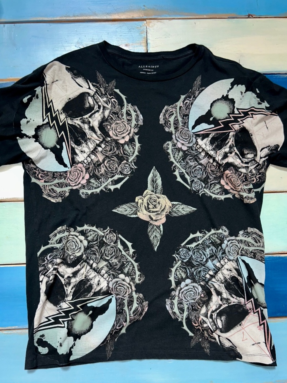 AllSaints Men's Oversized Graphic T-Shirt Medium Black Skull Rose Print